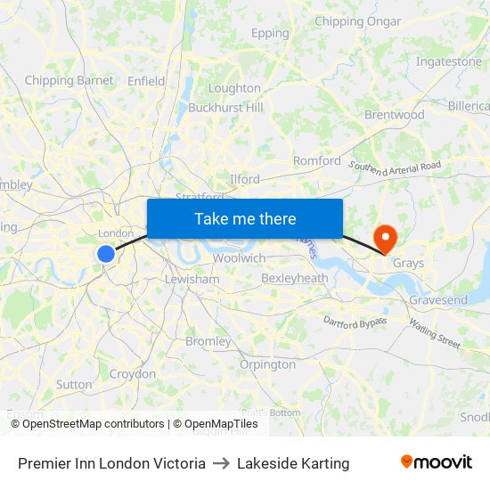 Premier Inn London Victoria to Lakeside Karting map