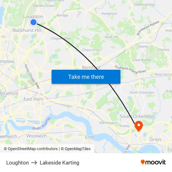 Loughton to Lakeside Karting map