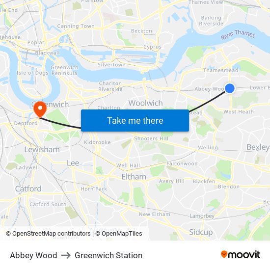 Abbey Wood to Greenwich Station map