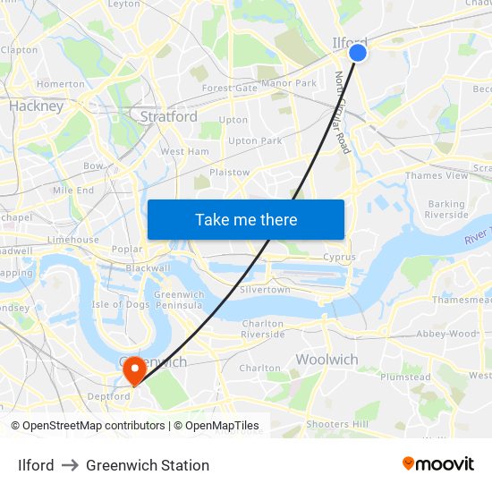 Ilford to Greenwich Station map