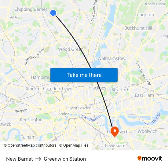 New Barnet to Greenwich Station map