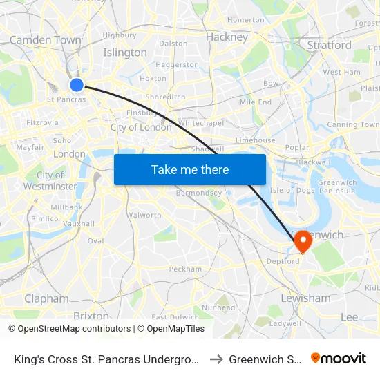 King's Cross St. Pancras Underground Station to Greenwich Station map