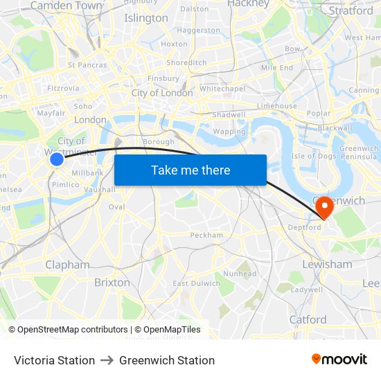 Victoria Station to Greenwich Station map