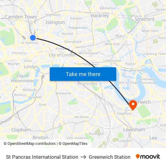 St Pancras International Station to Greenwich Station map