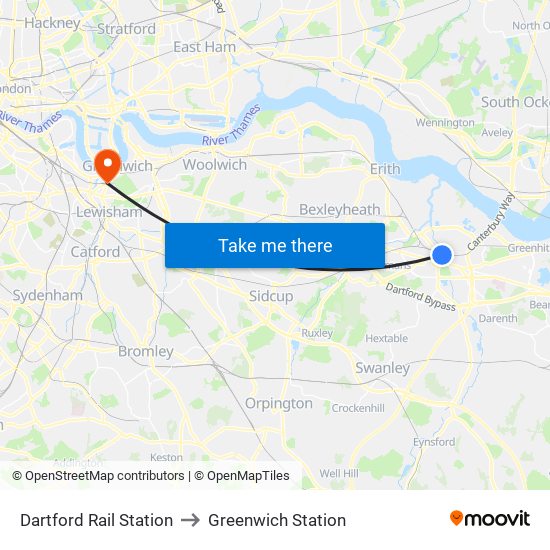 Dartford Rail Station to Greenwich Station map