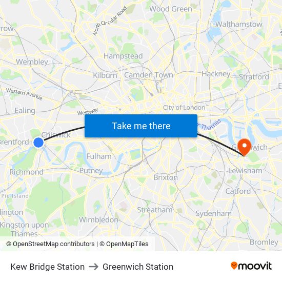 Kew Bridge Station to Greenwich Station map