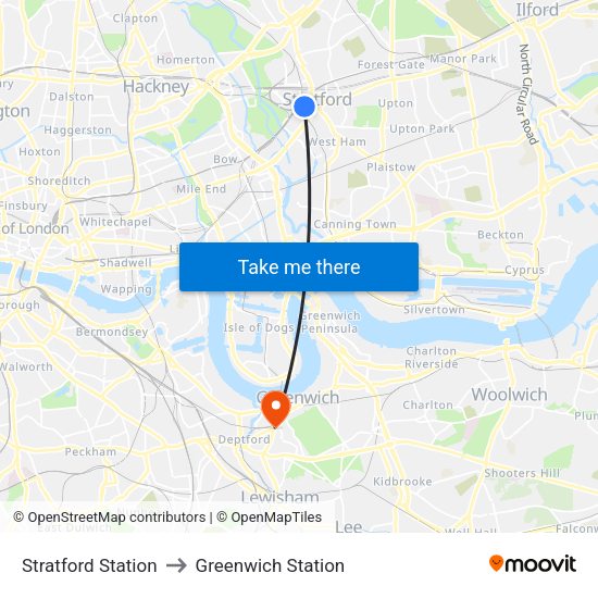 Stratford Station to Greenwich Station map