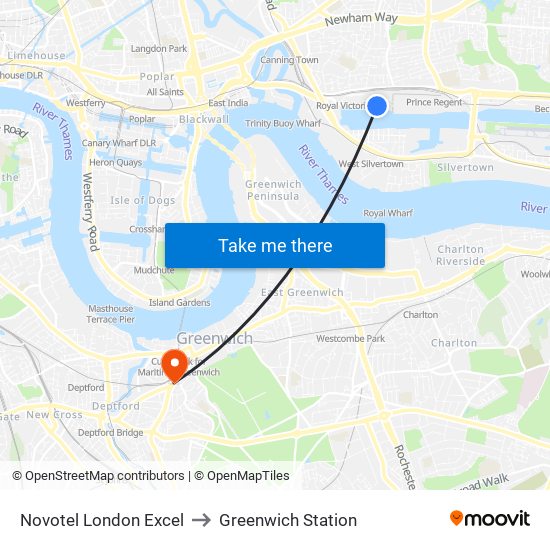 Novotel London Excel to Greenwich Station map