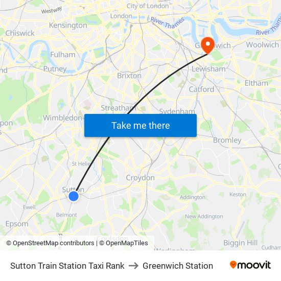 Sutton Train Station Taxi Rank to Greenwich Station map