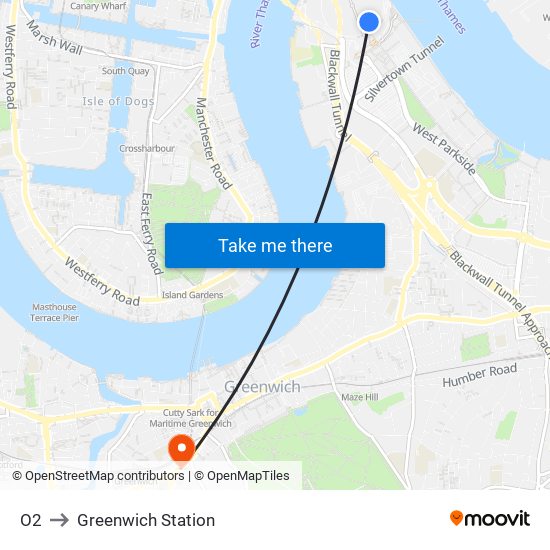 O2 to Greenwich Station map