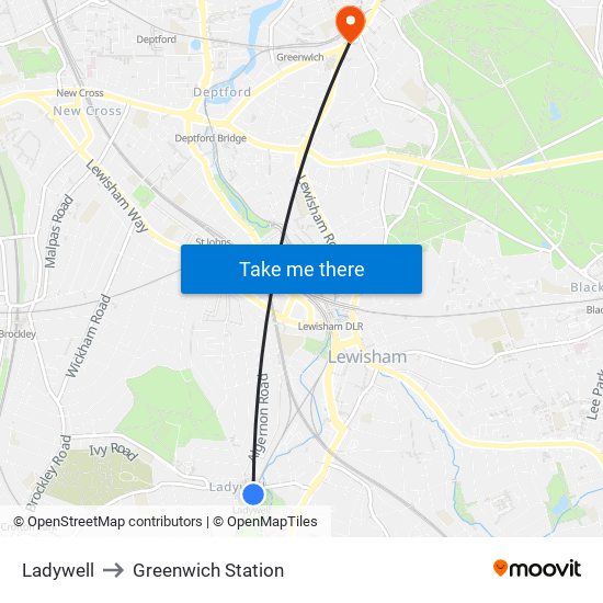 Ladywell to Greenwich Station map