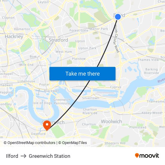 Ilford to Greenwich Station map