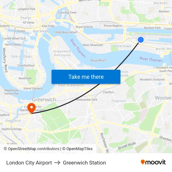 London City Airport to Greenwich Station map