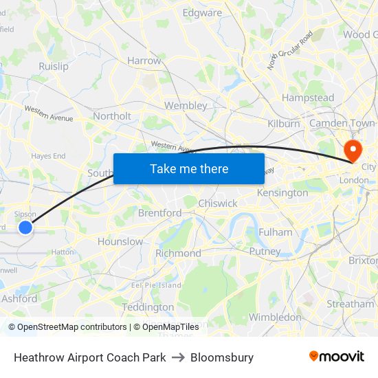 Heathrow Airport Coach Park to Bloomsbury map