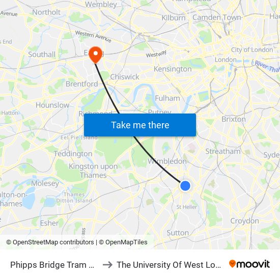 Phipps Bridge Tram Stop to The University Of West London map