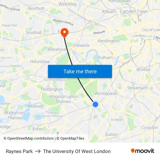 Raynes Park to The University Of West London map