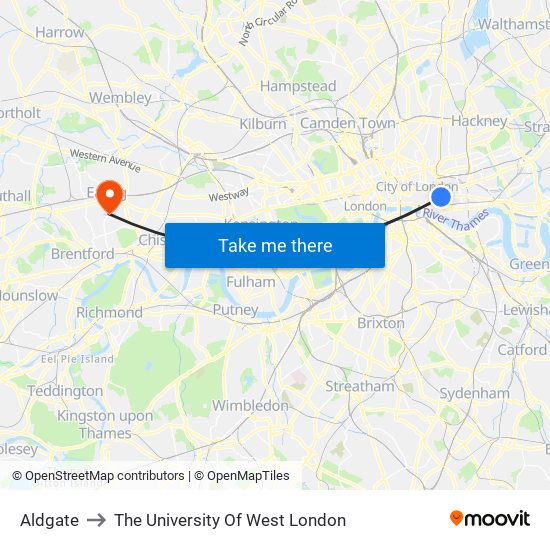 Aldgate to The University Of West London map