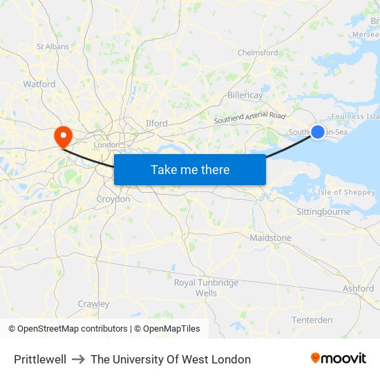 Prittlewell to The University Of West London map