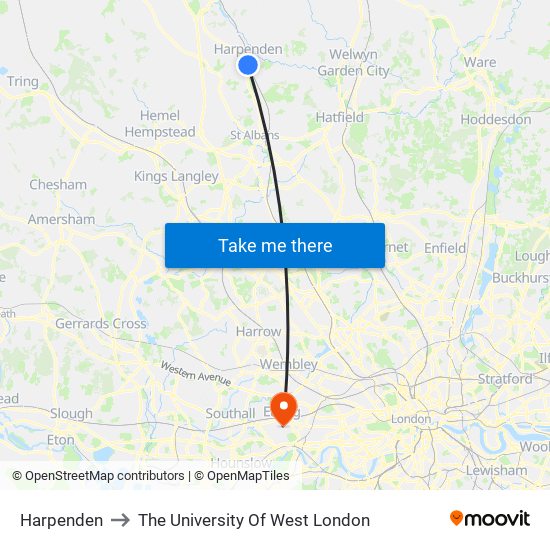 Harpenden to The University Of West London map