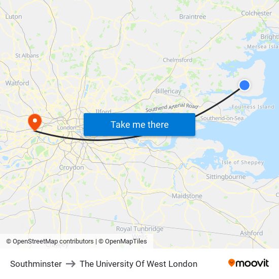 Southminster to The University Of West London map