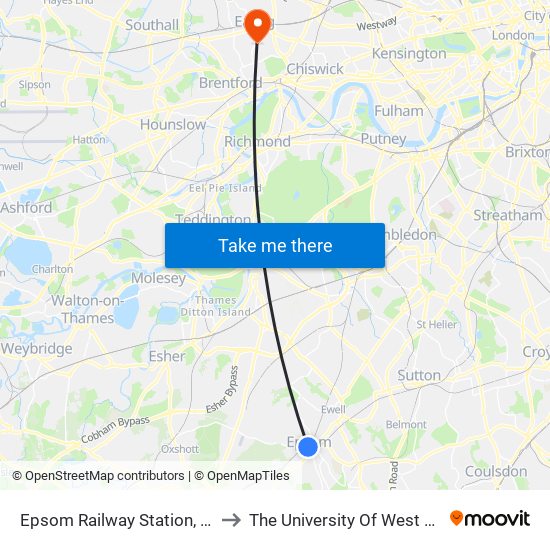 Epsom Railway Station, Epsom to The University Of West London map