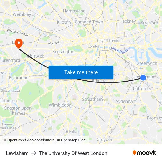 Lewisham to The University Of West London map