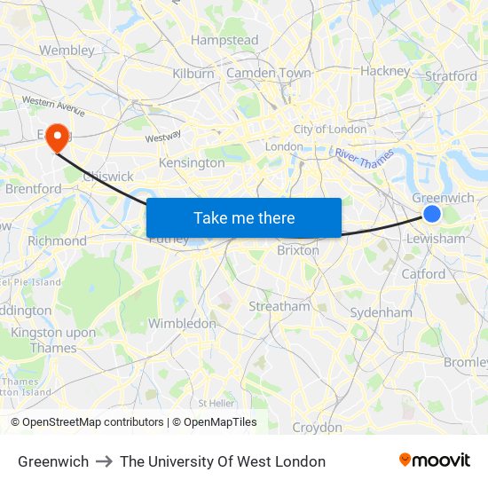 Greenwich to The University Of West London map