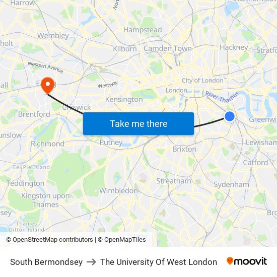 South Bermondsey to The University Of West London map