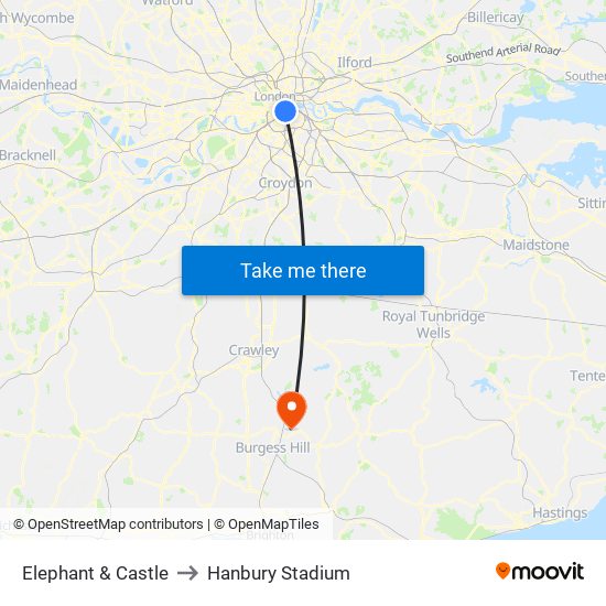 Elephant & Castle to Hanbury Stadium map