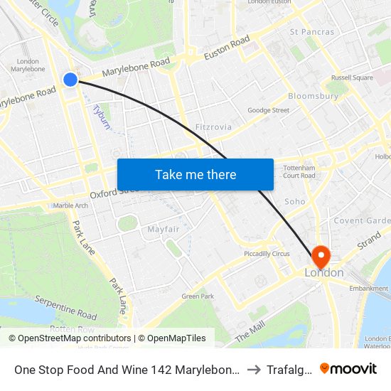 One Stop Food And Wine 142 Marylebone Road, Marylebone, London, Nw1 5ph to Trafalgar Square map