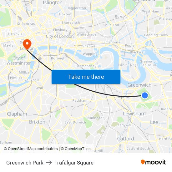 Greenwich Park to Trafalgar Square map