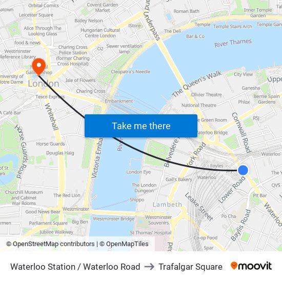 Waterloo Station / Waterloo Road to Trafalgar Square map