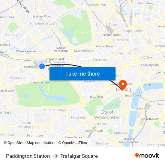 Paddington Station to Trafalgar Square map