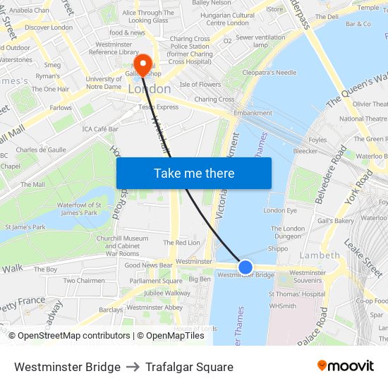 Westminster Bridge to Trafalgar Square map