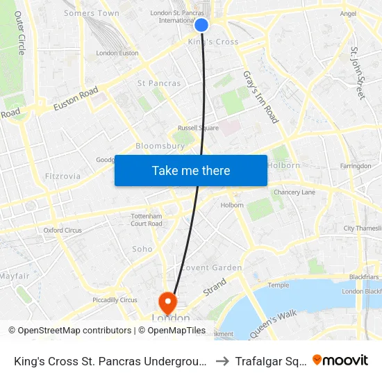 King's Cross St. Pancras Underground Station to Trafalgar Square map