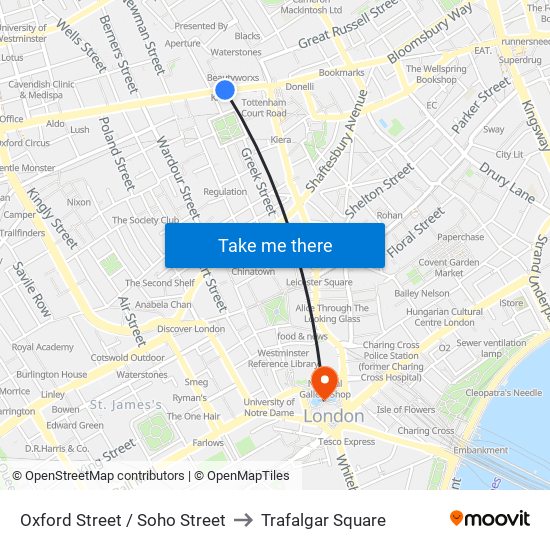 Oxford Street / Soho Street to Trafalgar Square map