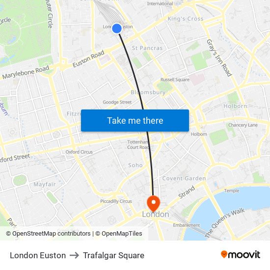 London Euston to Trafalgar Square map