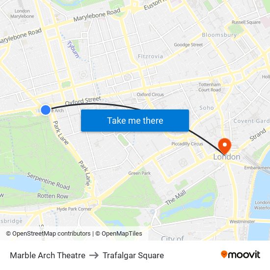 Marble Arch Theatre to Trafalgar Square map