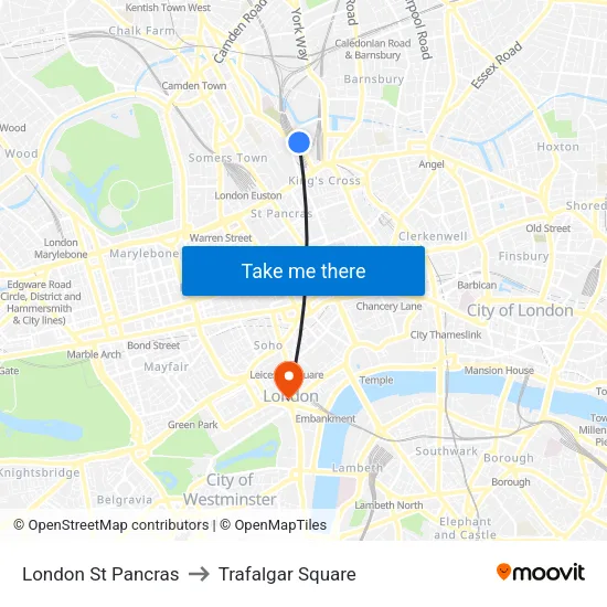 London St Pancras to Trafalgar Square map