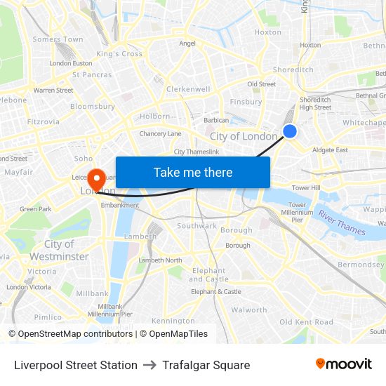 Liverpool Street Station to Trafalgar Square map