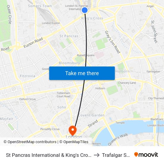 St Pancras International & King's Cross Stations to Trafalgar Square map