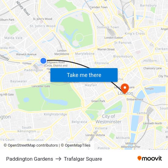 Paddington Exchange to Trafalgar Square map