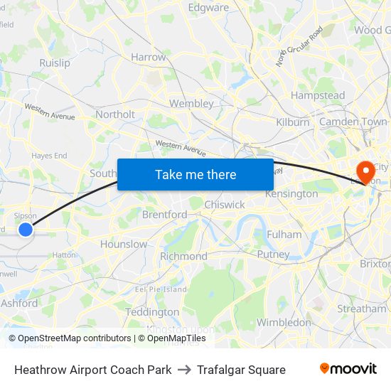 Heathrow Airport Coach Park to Trafalgar Square map