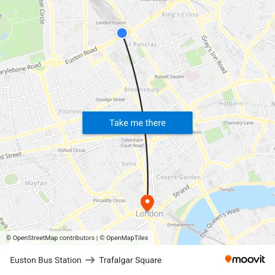 Euston Bus Station to Trafalgar Square map