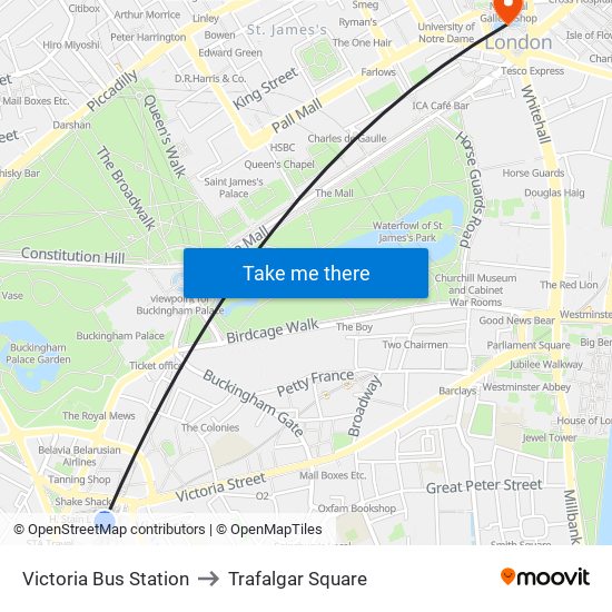Victoria Bus Station to Trafalgar Square map
