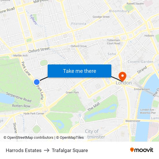 Harrods Estates to Trafalgar Square map
