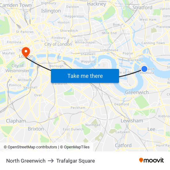 North Greenwich to Trafalgar Square map