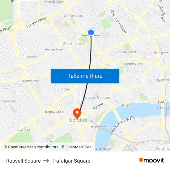 Russell Square to Trafalgar Square map