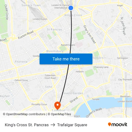 King's Cross St. Pancras to Trafalgar Square map