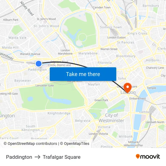 Paddington to Trafalgar Square map